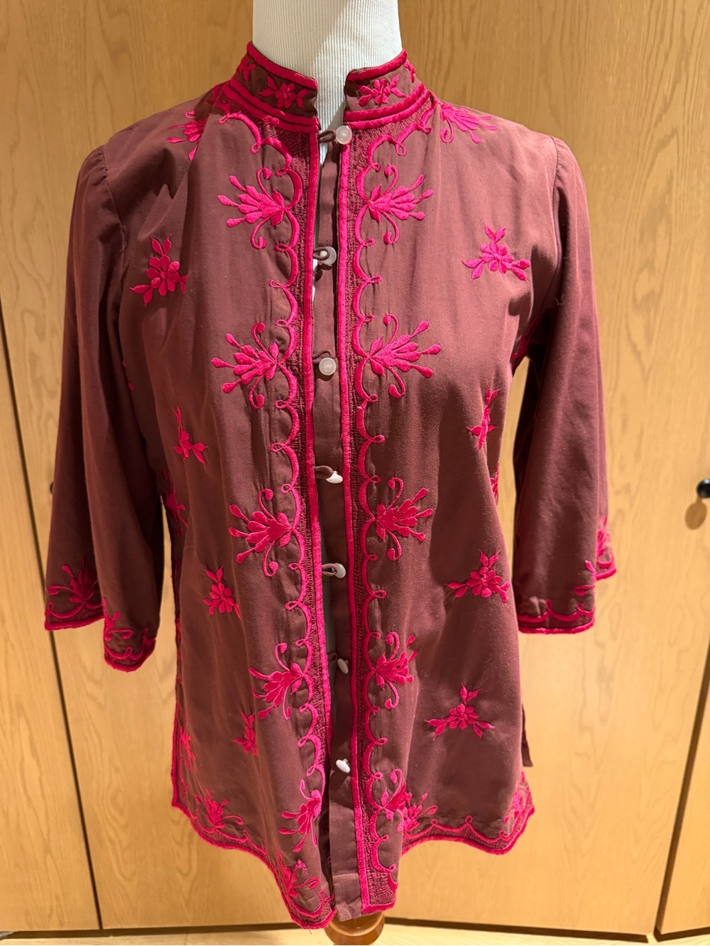 Vintage 60s/70s Embroidered Mandarin Collar Tunic Blouse Pink Brown
